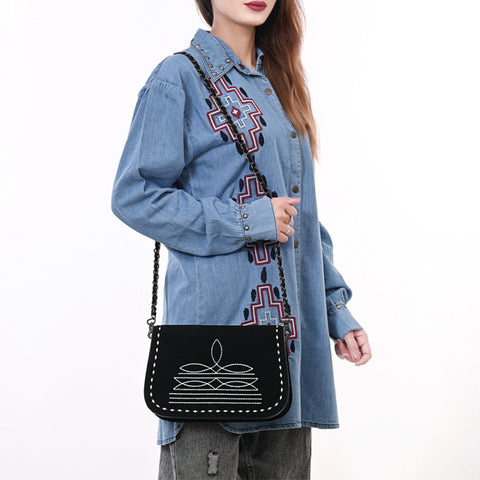 American Darling Black Genuine Suede Western Leather Crossbody Bag with Buck Stitch & Boot-Stitched Detailing