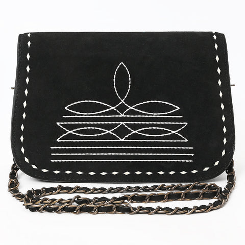 American Darling Black Genuine Suede Western Leather Crossbody Bag with Buck Stitch & Boot-Stitched Detailing