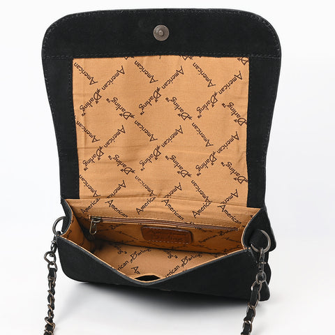 American Darling Black Genuine Suede Western Leather Crossbody Bag with Buck Stitch & Boot-Stitched Detailing