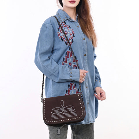 American Darling Western Genuine Suede Leather Crossbody Bag with Buck Stitch & Boot-Stitched Detailing