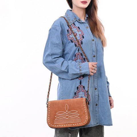 American Darling Western Genuine Suede Leather Crossbody Bag with Buck Stitch & Boot-Stitched Detailing