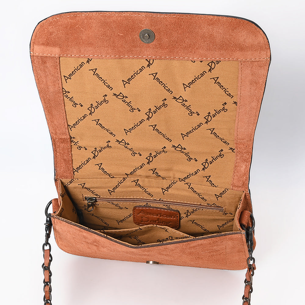 ADBG1626 Genuine suede Chain Strap Crossbody Bag with White Western Embroidery