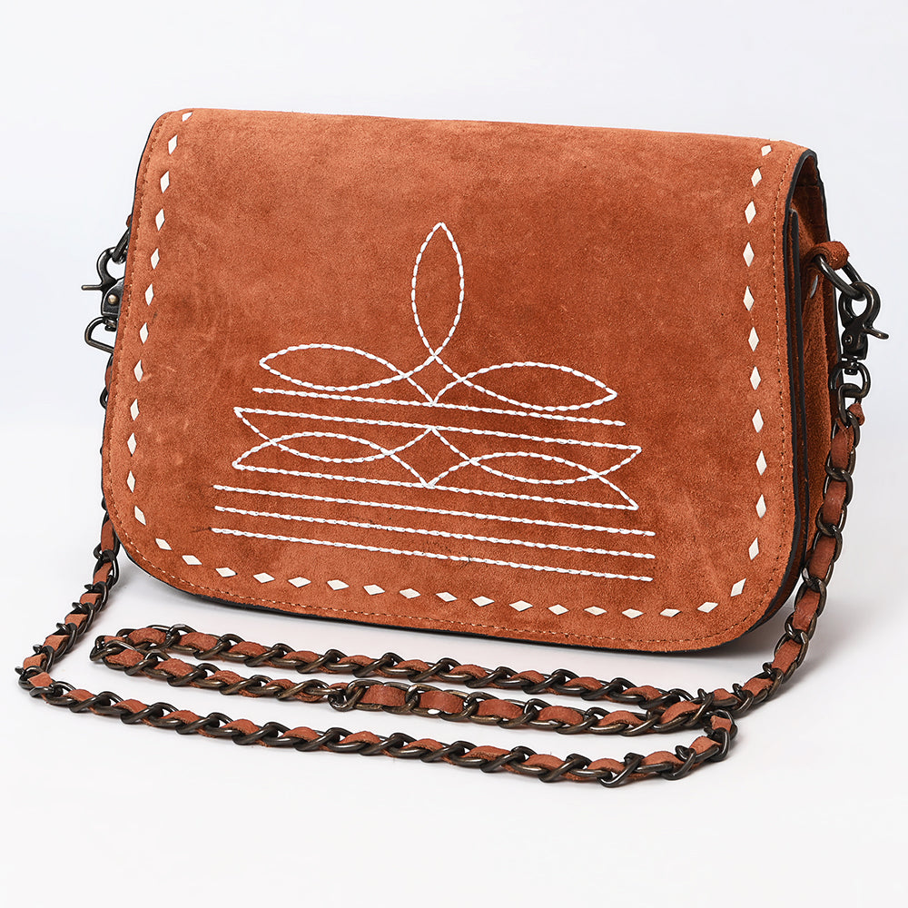 ADBG1626 Genuine suede Chain Strap Crossbody Bag with White Western Embroidery