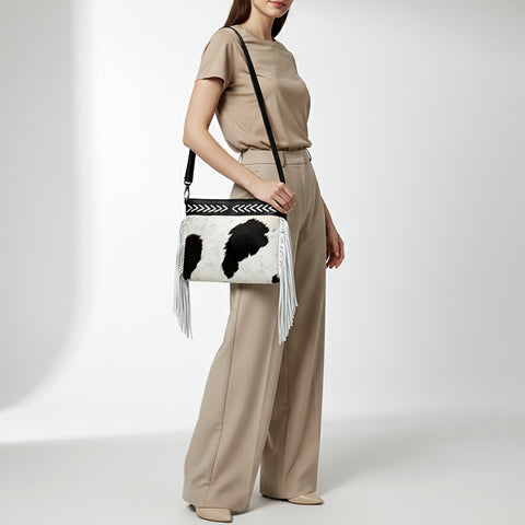 American Darling Hair-On Cowhide Western Leather Crossbody Bag with Fringes & Genuine Leather Trim