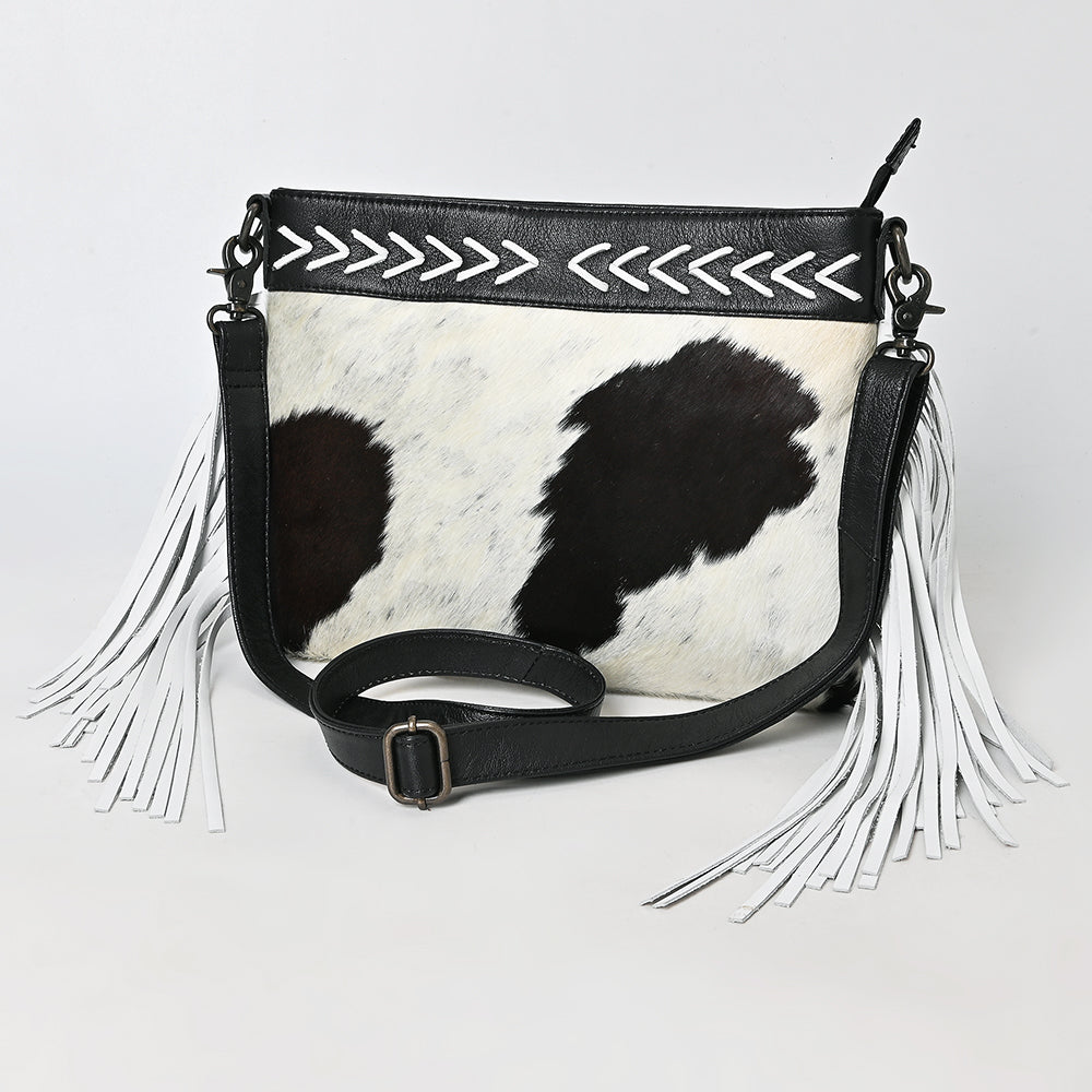 ADBG1628 Black & White Cowhide Leather Crossbody Bag with White Fringe and Arrow Stitch Detail