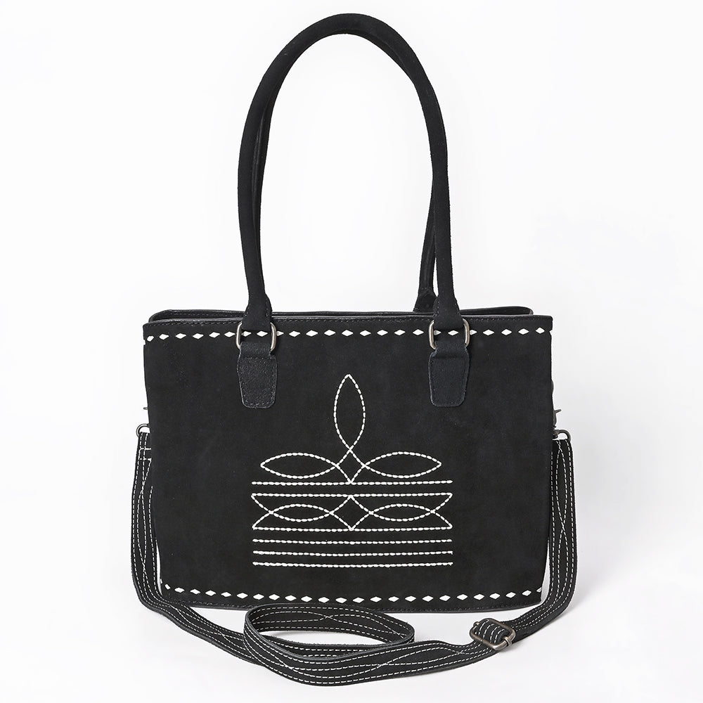 ADBG1629 Black Genuine suede Western Tote Bag with White Stitch Embroidery & Shoulder Strap