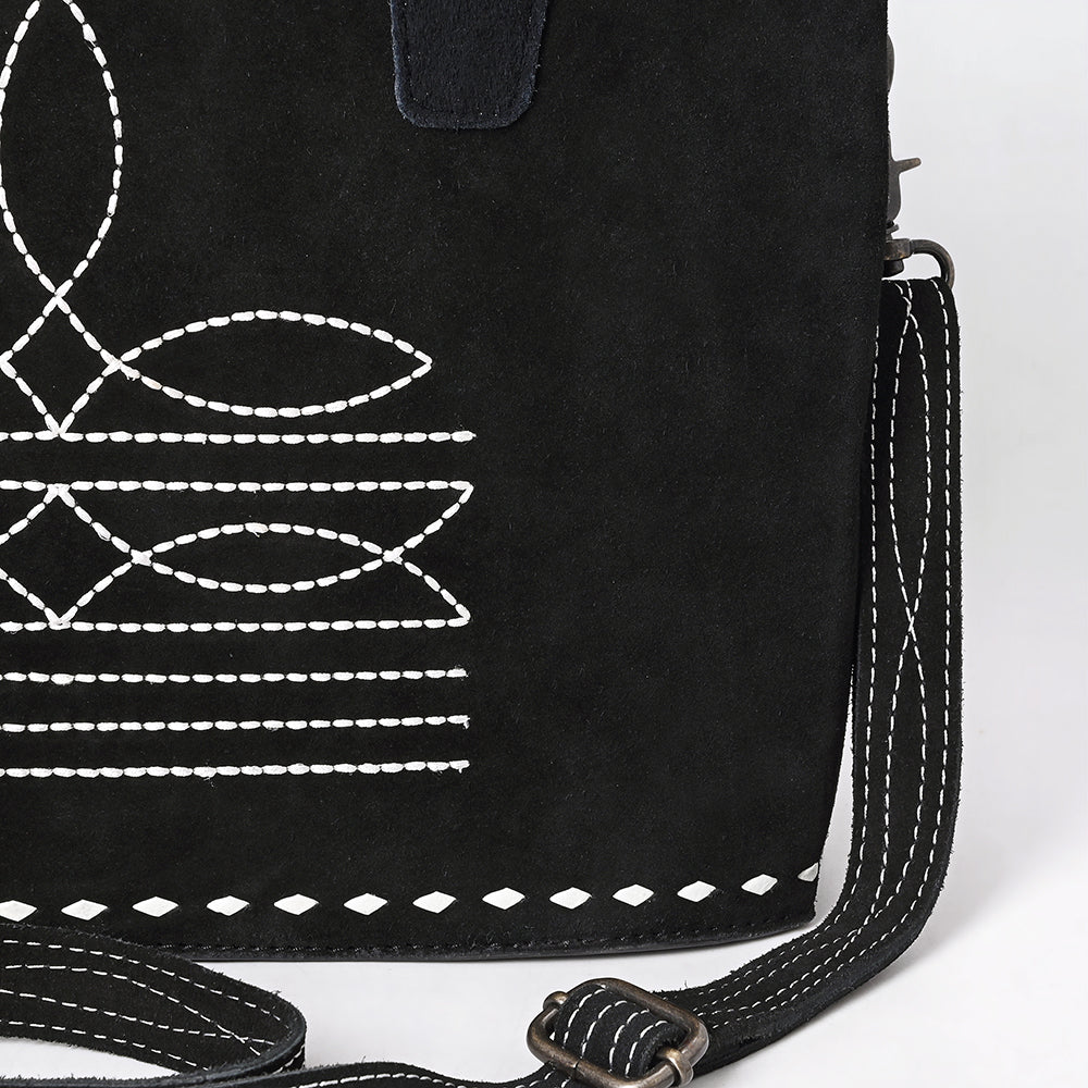 ADBG1629 Black Genuine suede Western Tote Bag with White Stitch Embroidery & Shoulder Strap