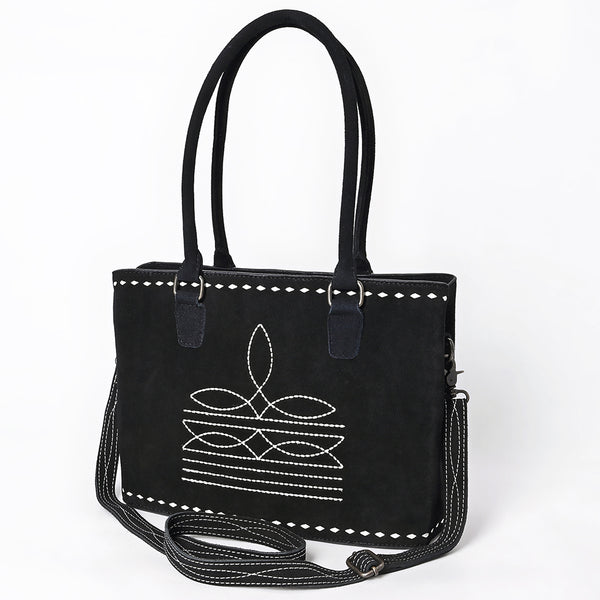 ADBG1629 Black Suede Western Tote Bag with White Stitch Embroidery & Shoulder Strap