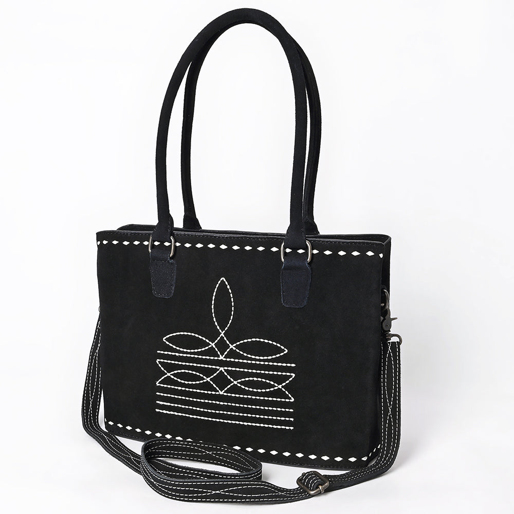 ADBG1629 Black Genuine suede Western Tote Bag with White Stitch Embroidery & Shoulder Strap