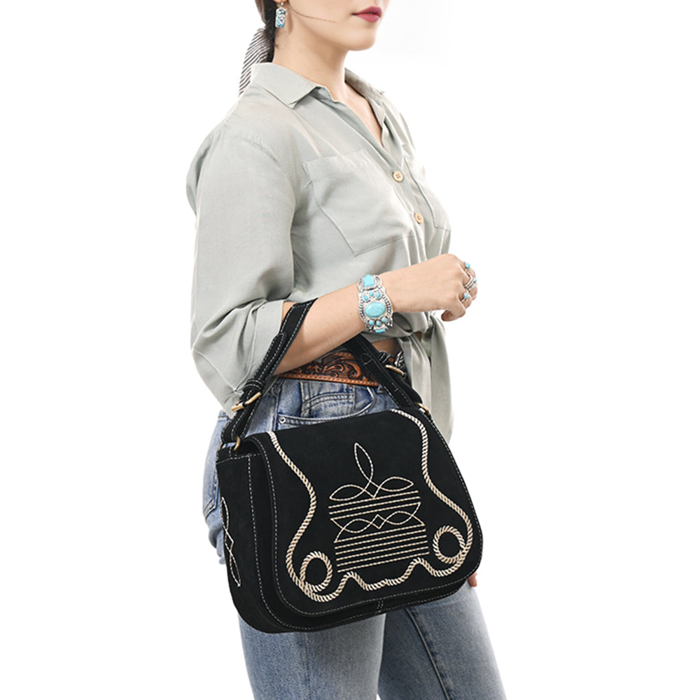ADBGA670 Genuine suede Western Shoulder Bag with Rope Embroidery-Convertible Crossbody Purse