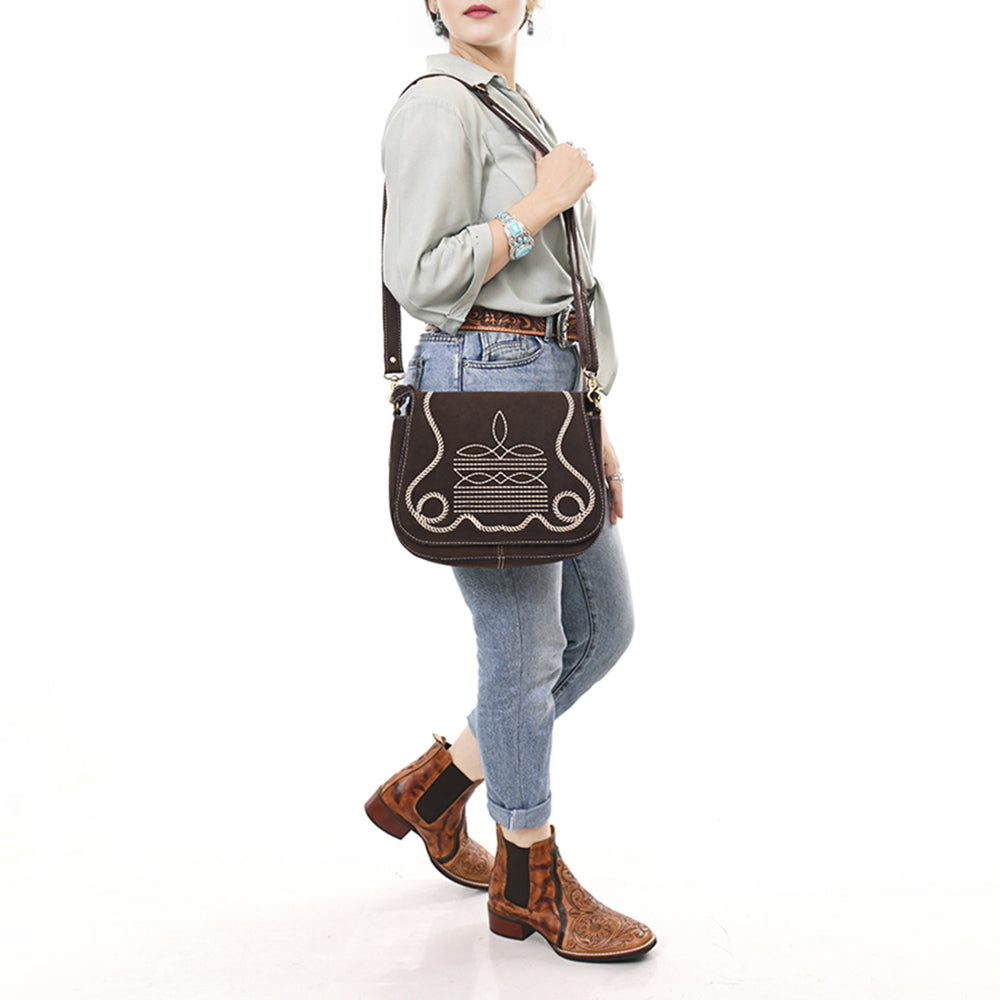 ADBGA670 Genuine suede Western Shoulder Bag with Rope Embroidery-Convertible Crossbody Purse