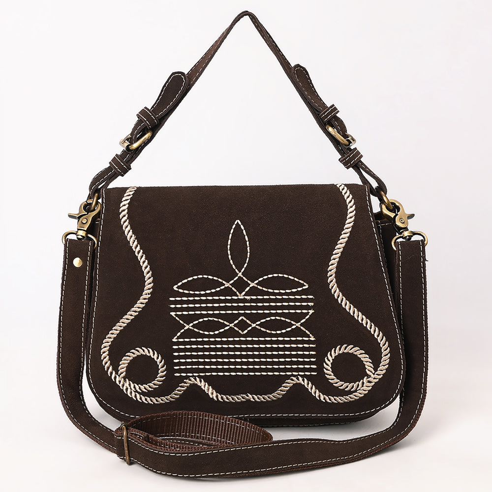 ADBGA670 Genuine suede Western Shoulder Bag with Rope Embroidery-Convertible Crossbody Purse