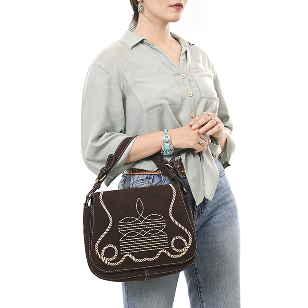 ADBGA670 Genuine suede Western Shoulder Bag with Rope Embroidery-Convertible Crossbody Purse