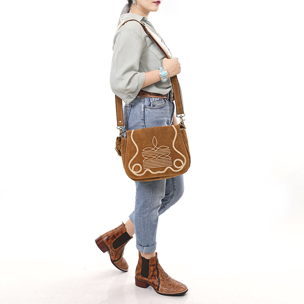 ADBGA670 Genuine suede Western Shoulder Bag with Rope Embroidery-Convertible Crossbody Purse