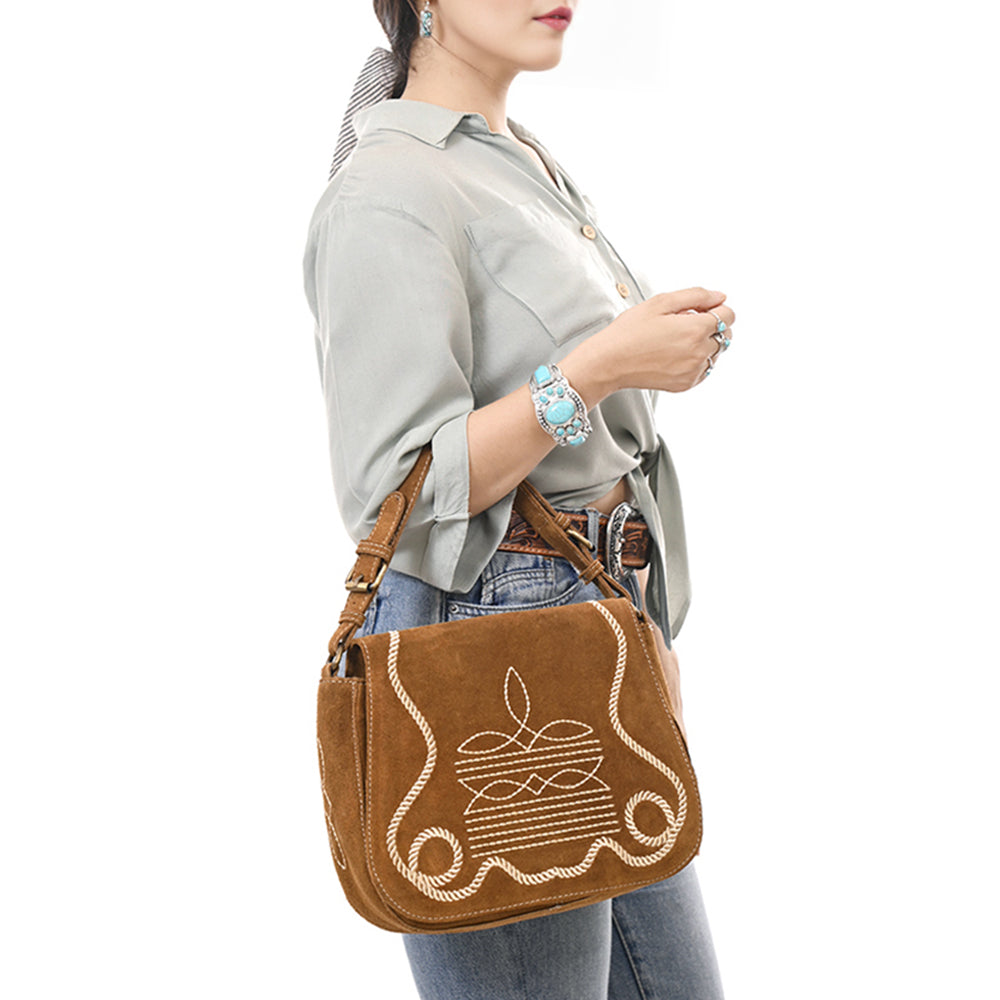 ADBGA670 Genuine suede Western Shoulder Bag with Rope Embroidery-Convertible Crossbody Purse