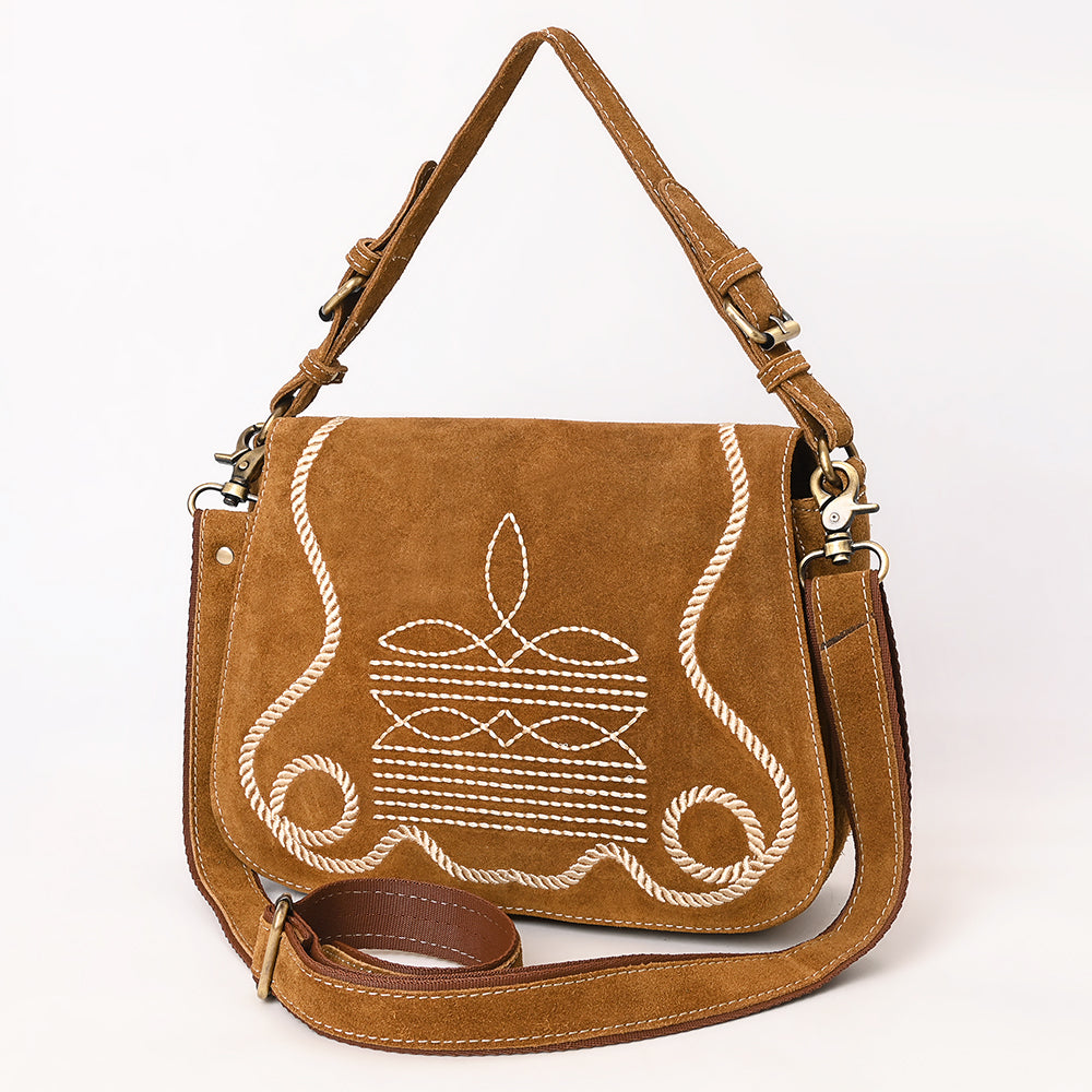 ADBGA670 Genuine suede Western Shoulder Bag with Rope Embroidery-Convertible Crossbody Purse
