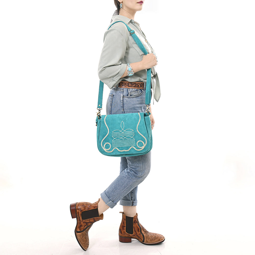 ADBGA670 Genuine suede Western Shoulder Bag with Rope Embroidery-Convertible Crossbody Purse