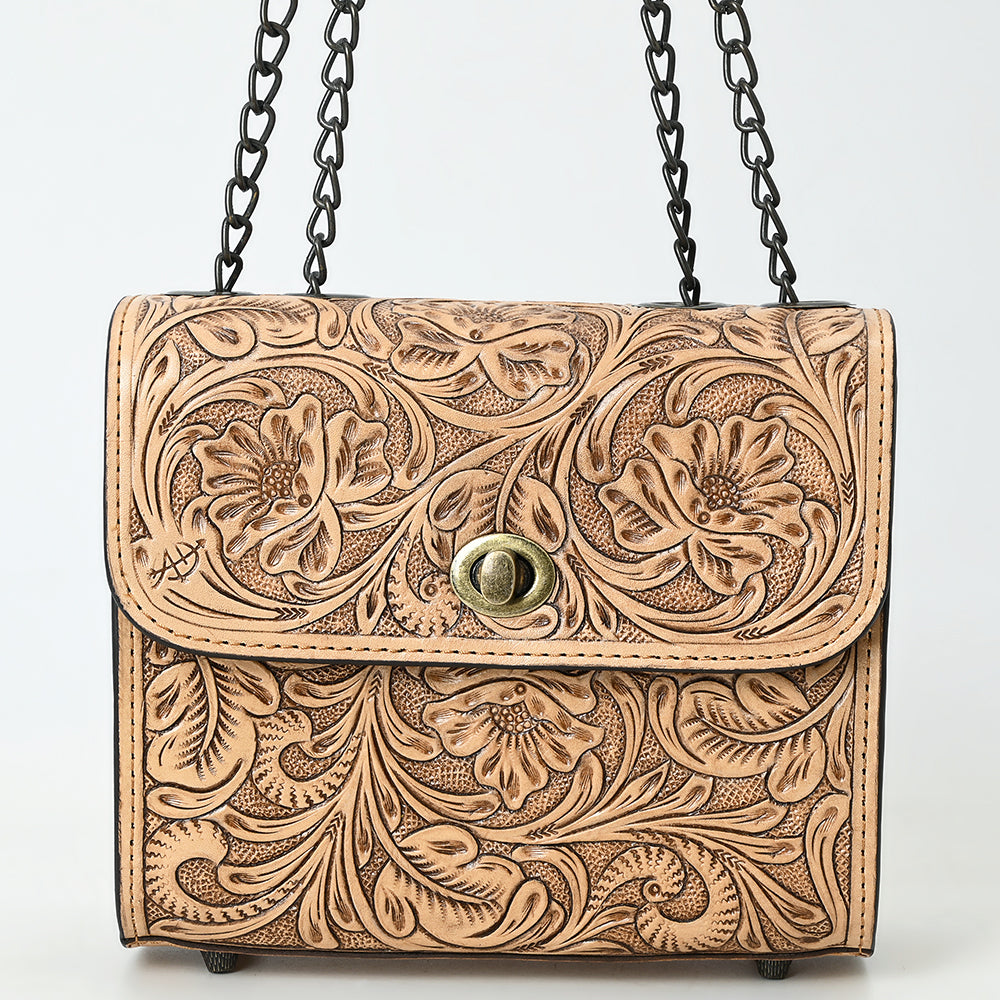 ADBG1630 Tooled Floral Leather Crossbody Bag with Antique Brass Turn Lock & Chain Strap