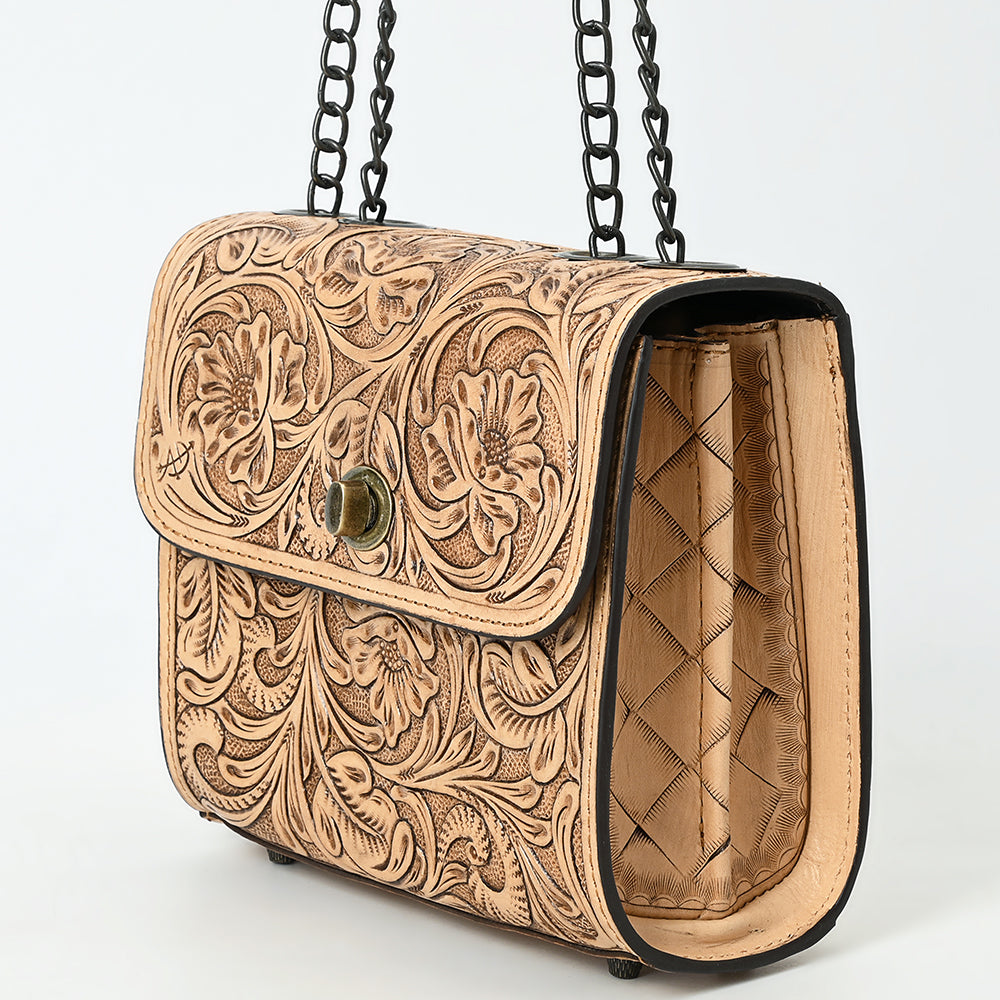 ADBG1630 Tooled Floral Leather Crossbody Bag with Antique Brass Turn Lock & Chain Strap