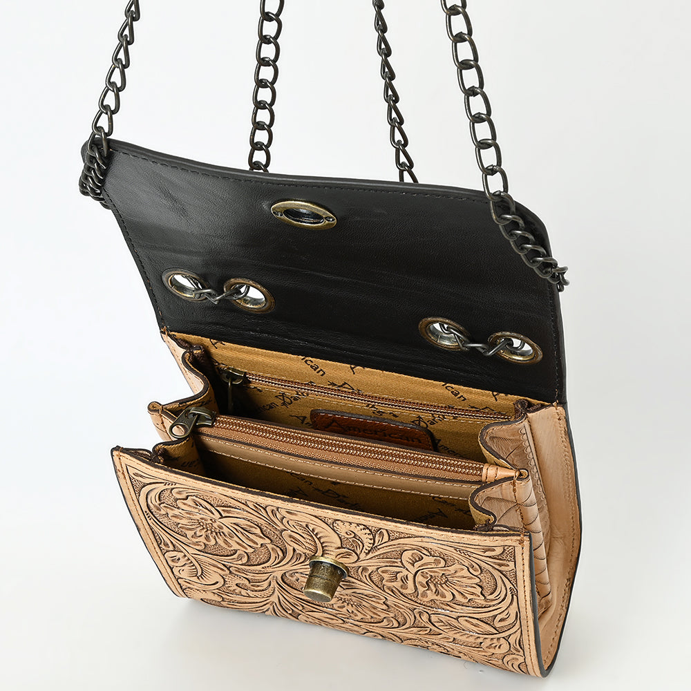 ADBG1630 Tooled Floral Leather Crossbody Bag with Antique Brass Turn Lock & Chain Strap