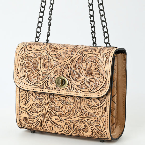 ADBG1630 Tooled Floral Leather Crossbody Bag with Antique Brass Turn Lock & Chain Strap