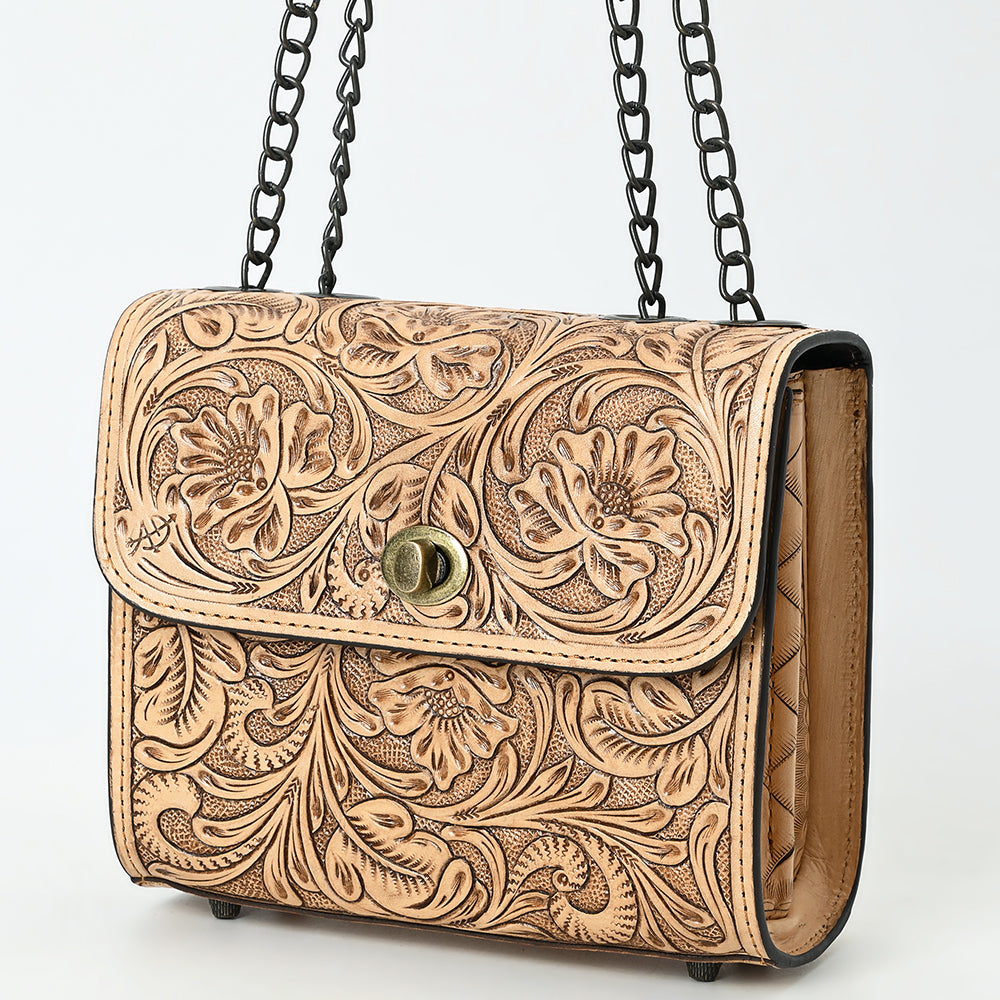 ADBG1630 Tooled Floral Leather Crossbody Bag with Antique Brass Turn Lock & Chain Strap