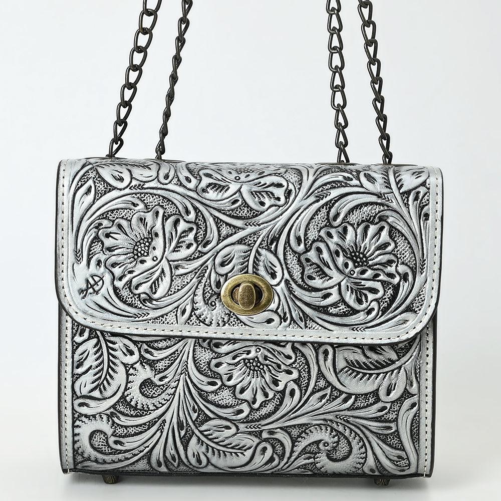 ADBG1630 Tooled Floral Leather Crossbody Bag with Antique Brass Turn Lock & Chain Strap