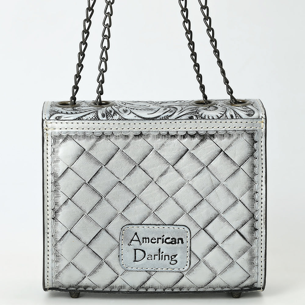 ADBG1630 Tooled Floral Leather Crossbody Bag with Antique Brass Turn Lock & Chain Strap