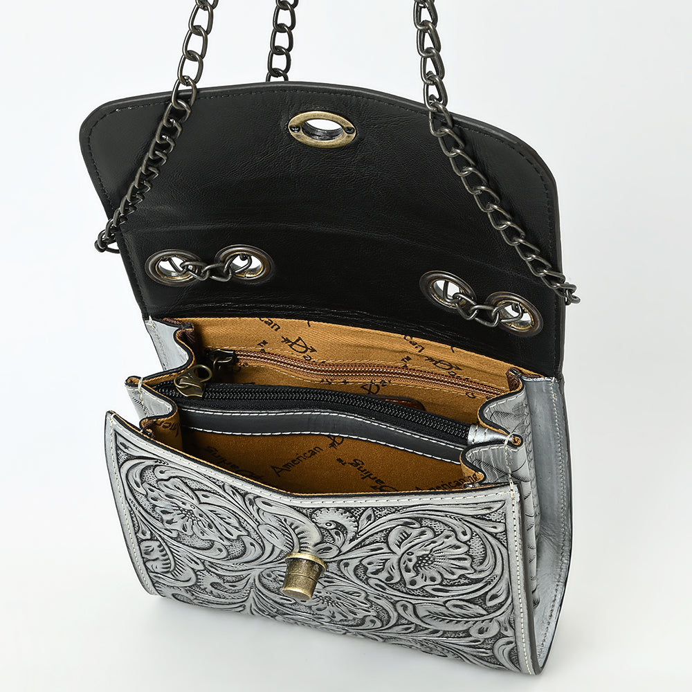 ADBG1630 Tooled Floral Leather Crossbody Bag with Antique Brass Turn Lock & Chain Strap