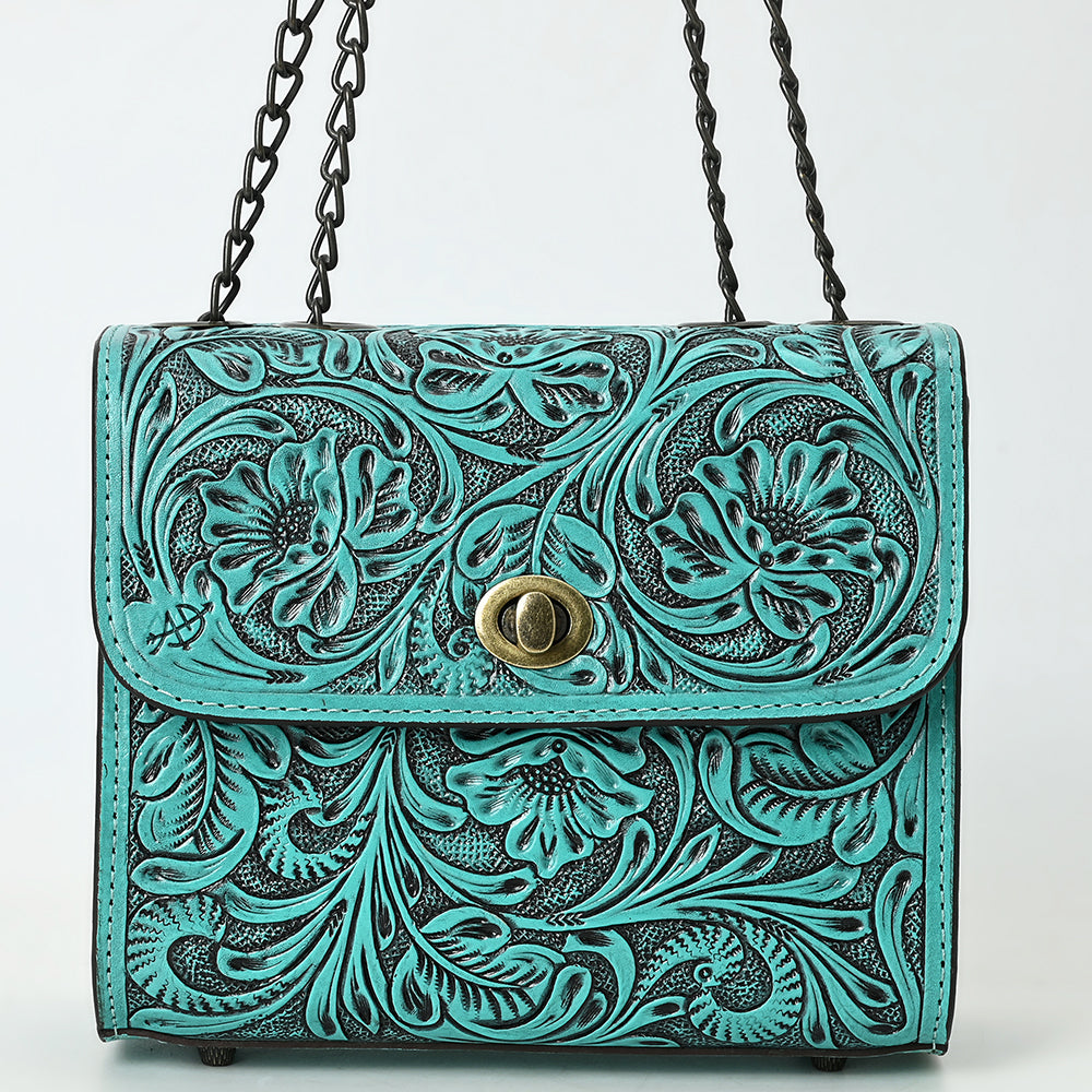 ADBG1630 Tooled Floral Leather Crossbody Bag with Antique Brass Turn Lock & Chain Strap