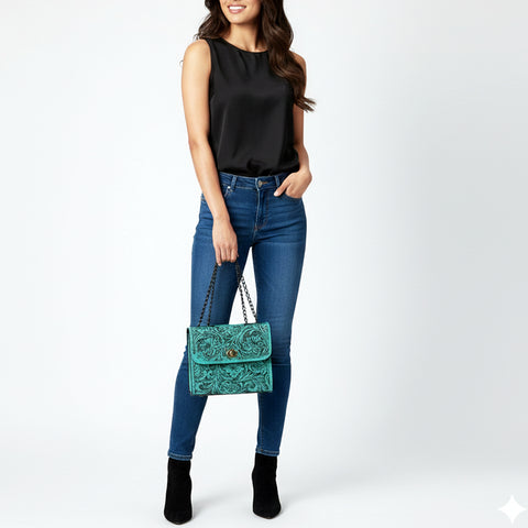 American Darling Hand-Tooled Leather Small Cross Body Bag with Floral Carving & Western Detailing