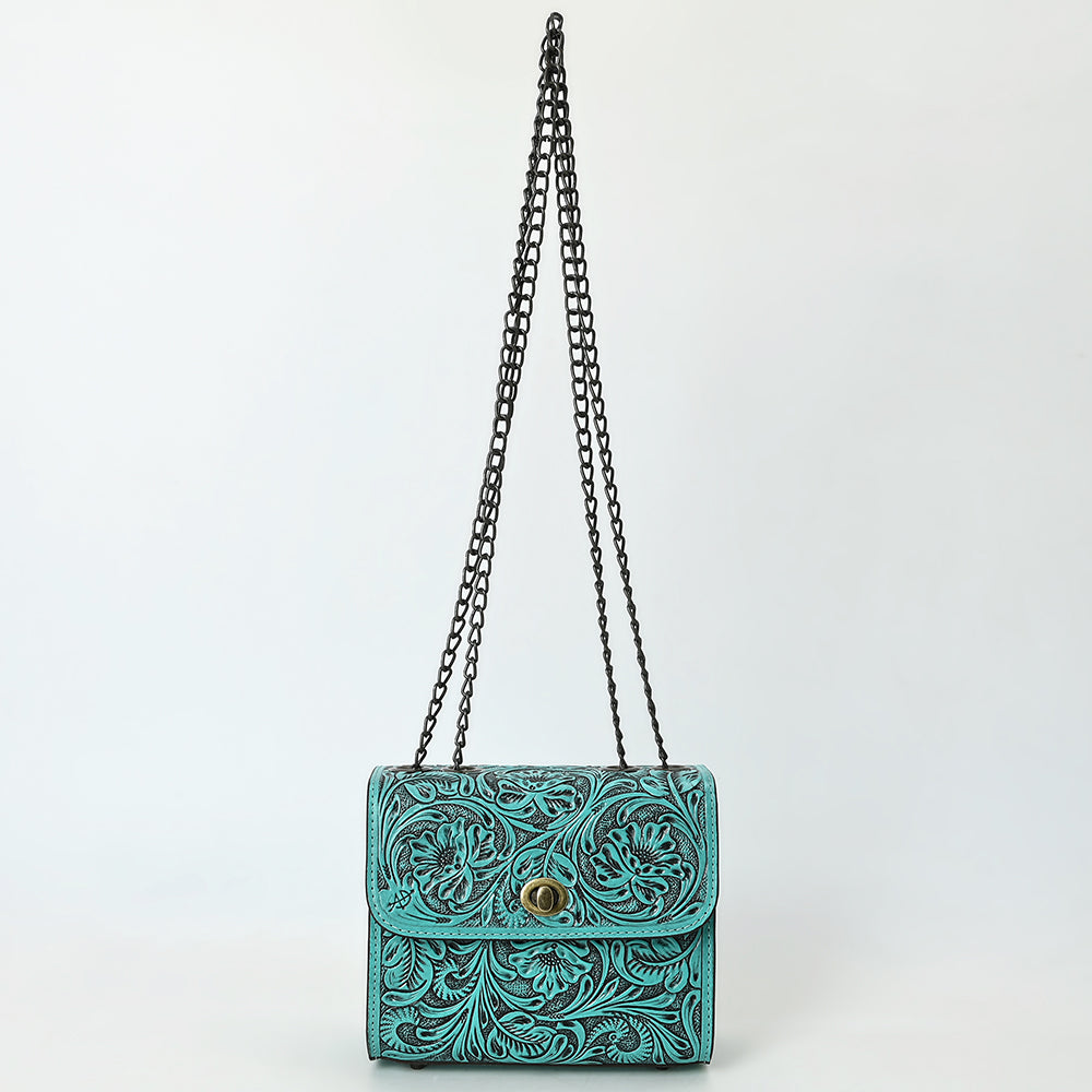 ADBG1630 Tooled Floral Leather Crossbody Bag with Antique Brass Turn Lock & Chain Strap