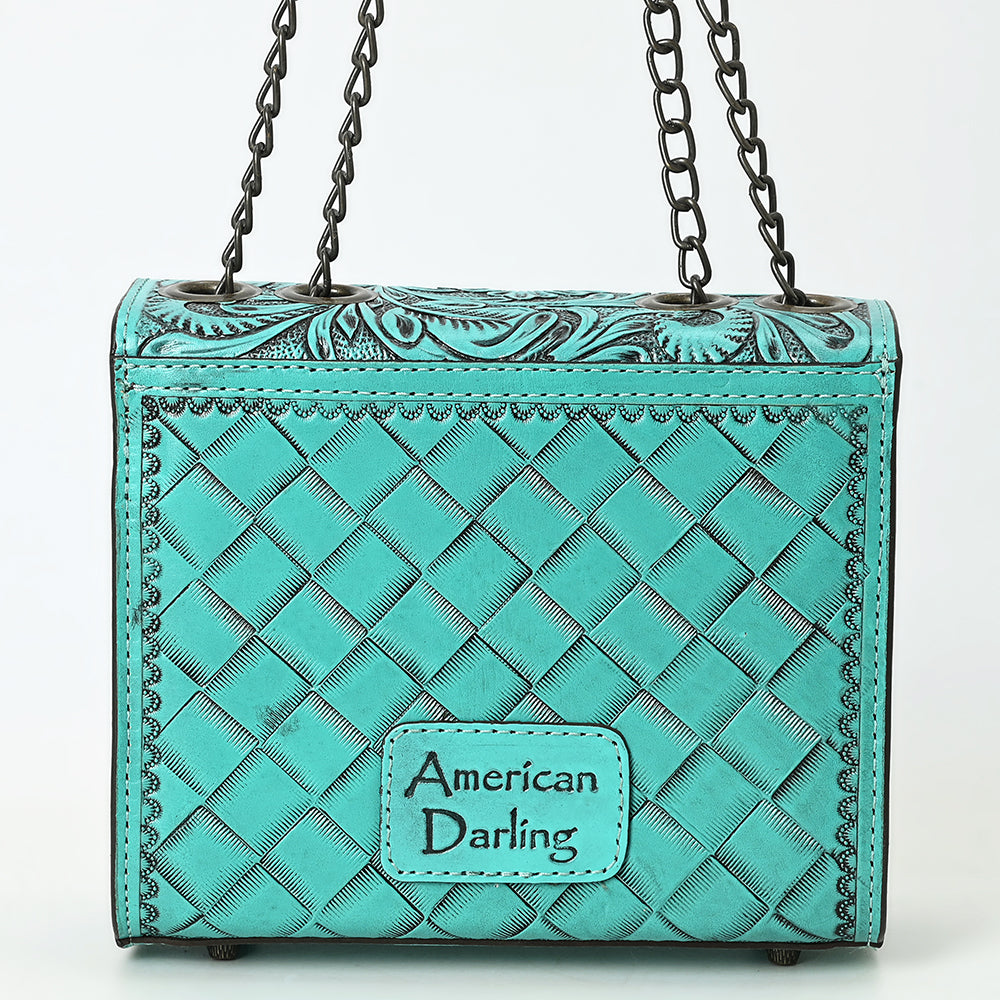 ADBG1630 Tooled Floral Leather Crossbody Bag with Antique Brass Turn Lock & Chain Strap