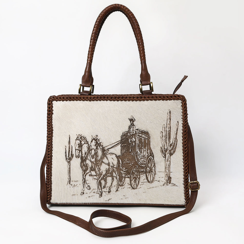 ADBGM520 Hair-On Cowhide Stagecoach Leather Tote with Crossbody Strap - Western Heritage Handbag