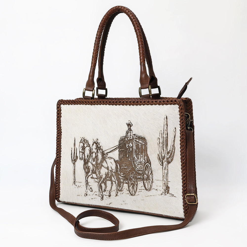 ADBGM520 Hair-On Cowhide Stagecoach Leather Tote with Crossbody Strap - Western Heritage Handbag