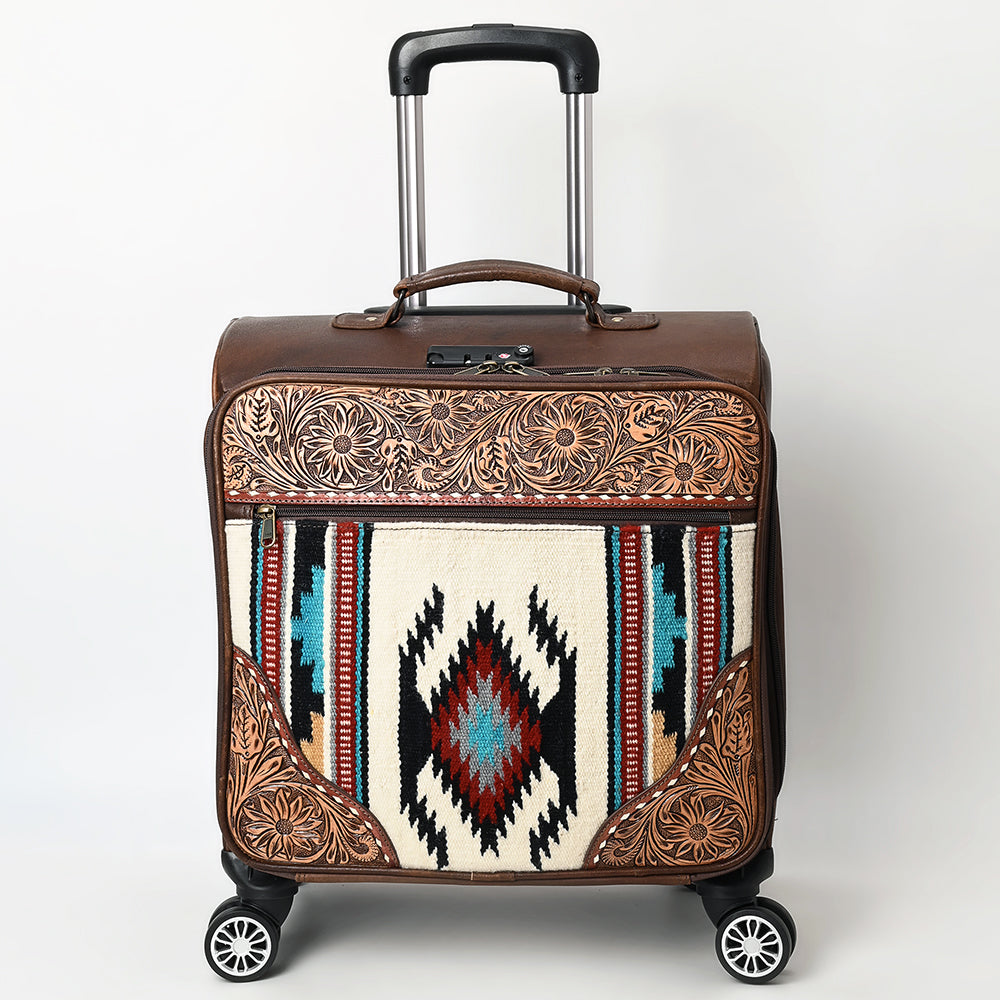 ADBG1570 Southwestern Aztec Woven & Tooled Leather Rolling Luggage - Western Carry-On