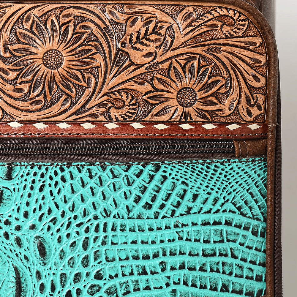 ADBG1569 Turquoise Croc & Tooled Leather Rolling Luggage - Western Carry-On Suitcase
