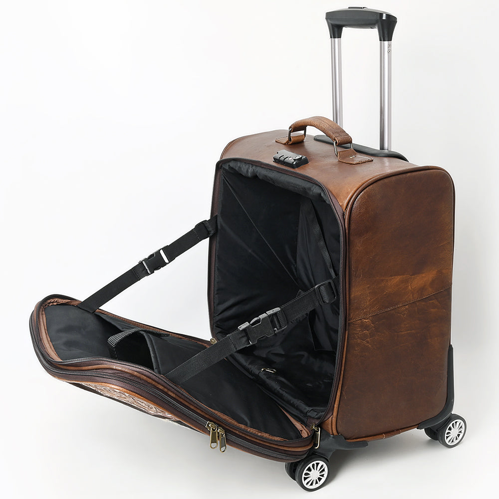ADBG1571 Cowhide & Tooled Leather Rolling Luggage - Western Carry-On Spinner