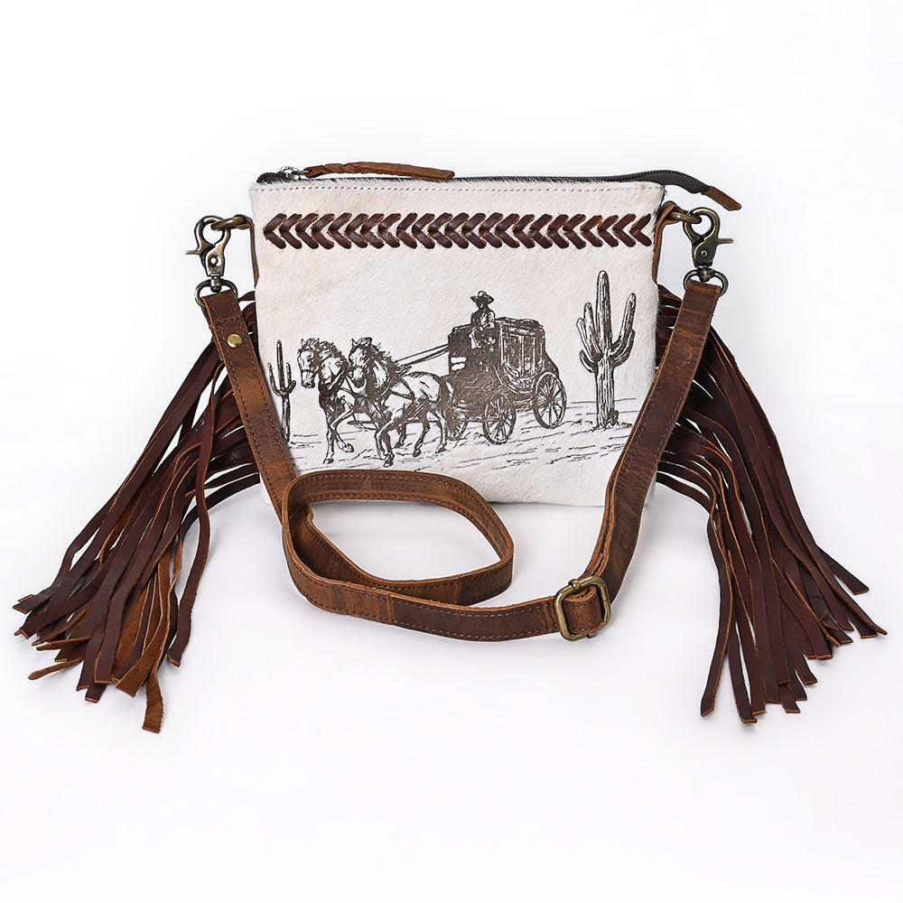 ADBGM523 Western Fringe Crossbody Bag with Stagecoach Design - Hair-On Cowhide Leather Purse