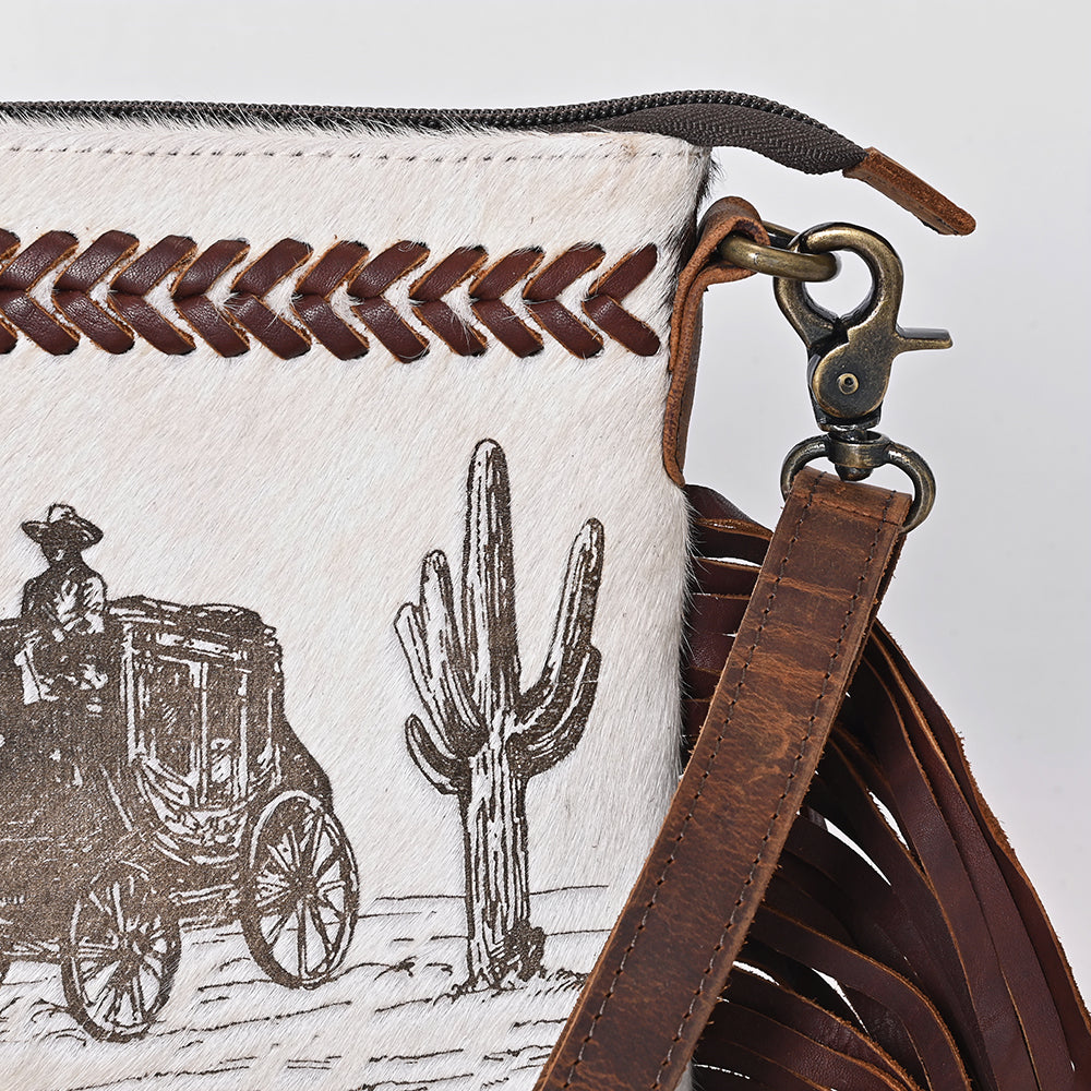 ADBGM523 Western Fringe Crossbody Bag with Stagecoach Design - Hair-On Cowhide Leather Purse