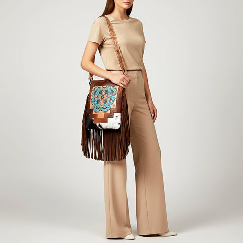 American Darling Hand-Tooled Leather Messenger Bag with Fringes, Hair-On, Western Carving & Premium Craftsmanship