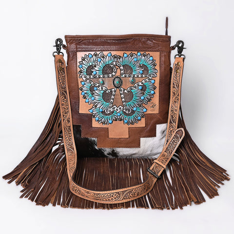 American Darling Hand-Tooled Leather Messenger Bag with Fringes, Hair-On, Western Carving & Premium Craftsmanship