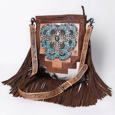 American Darling Hand-Tooled Leather Messenger Bag with Fringes, Hair-On, Western Carving & Premium Craftsmanship