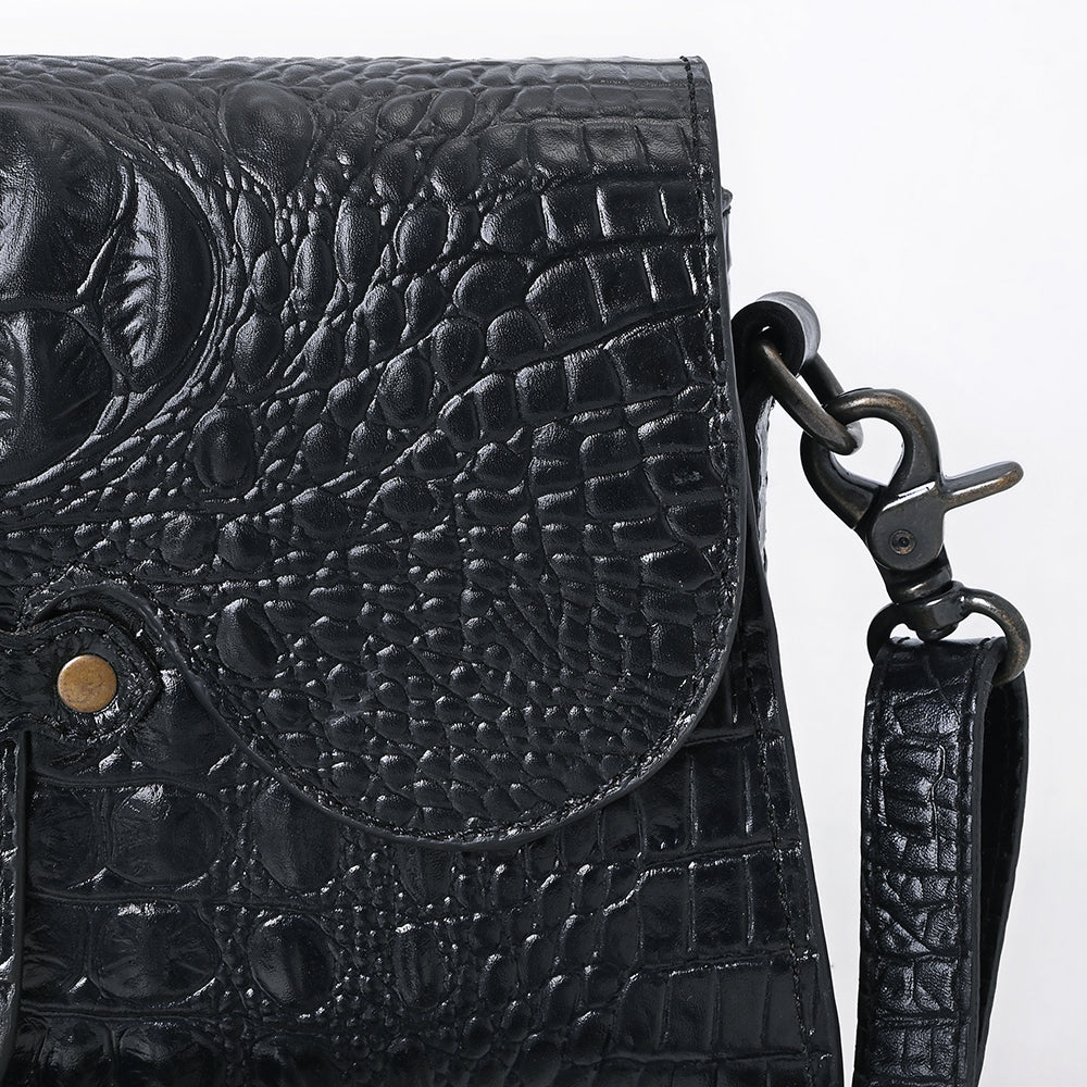ADBG1635A Black Croc-Embossed Leather Crossbody Bag with Flap Closure & Adjustable Strap
