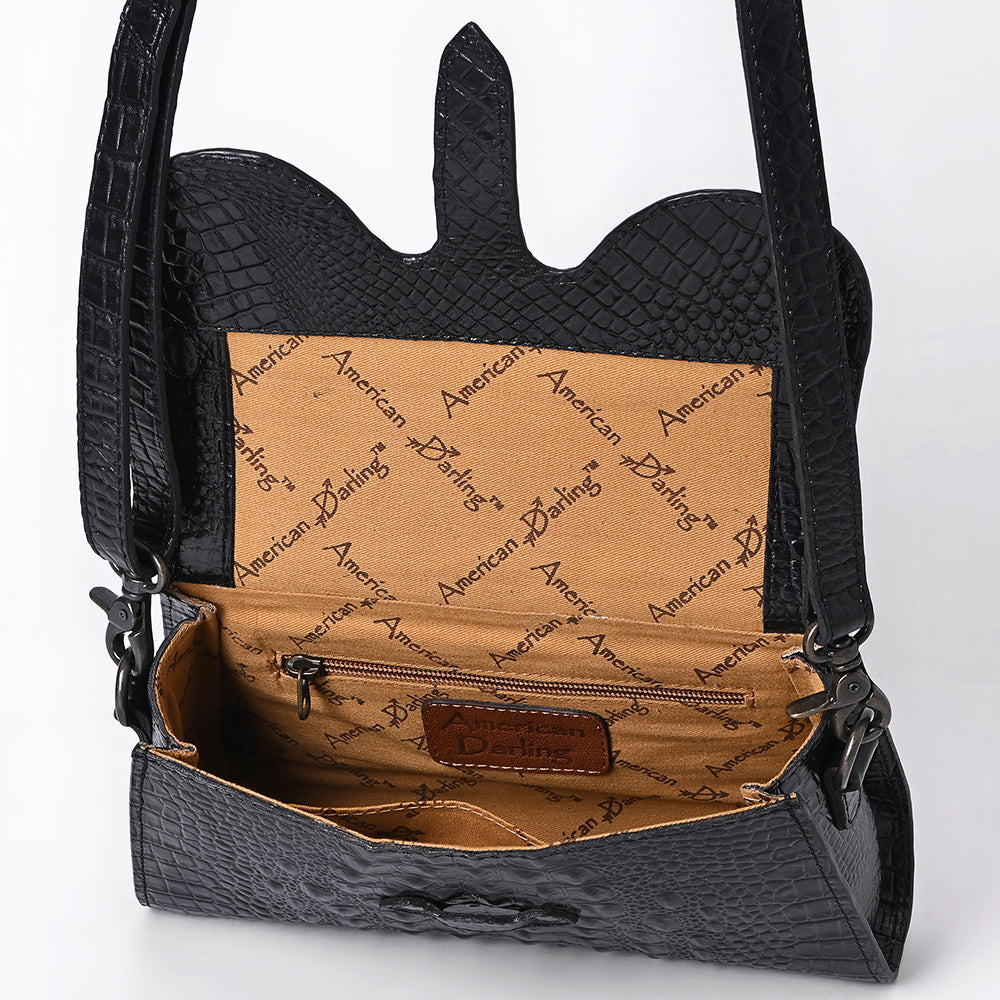 ADBG1635A Black Croc-Embossed Leather Crossbody Bag with Flap Closure & Adjustable Strap
