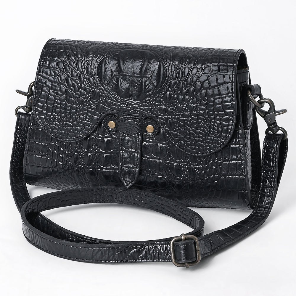 ADBG1635A Black Croc-Embossed Leather Crossbody Bag with Flap Closure & Adjustable Strap