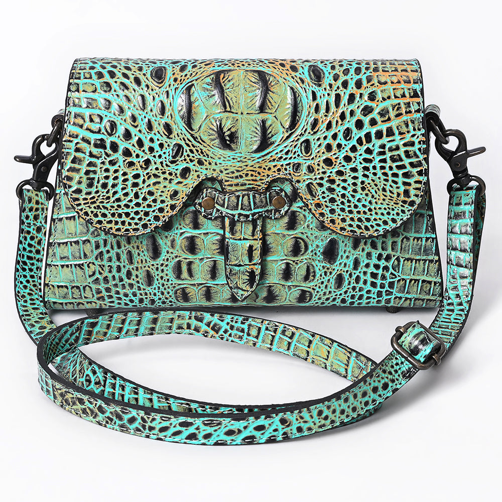 ADBG1635 Turquoise Croc-Embossed Leather Crossbody Bag with Scalloped Flap & Adjustable Strap