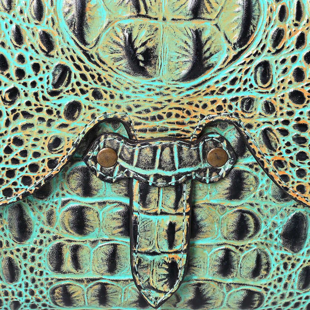 ADBG1635 Turquoise Croc-Embossed Leather Crossbody Bag with Scalloped Flap & Adjustable Strap