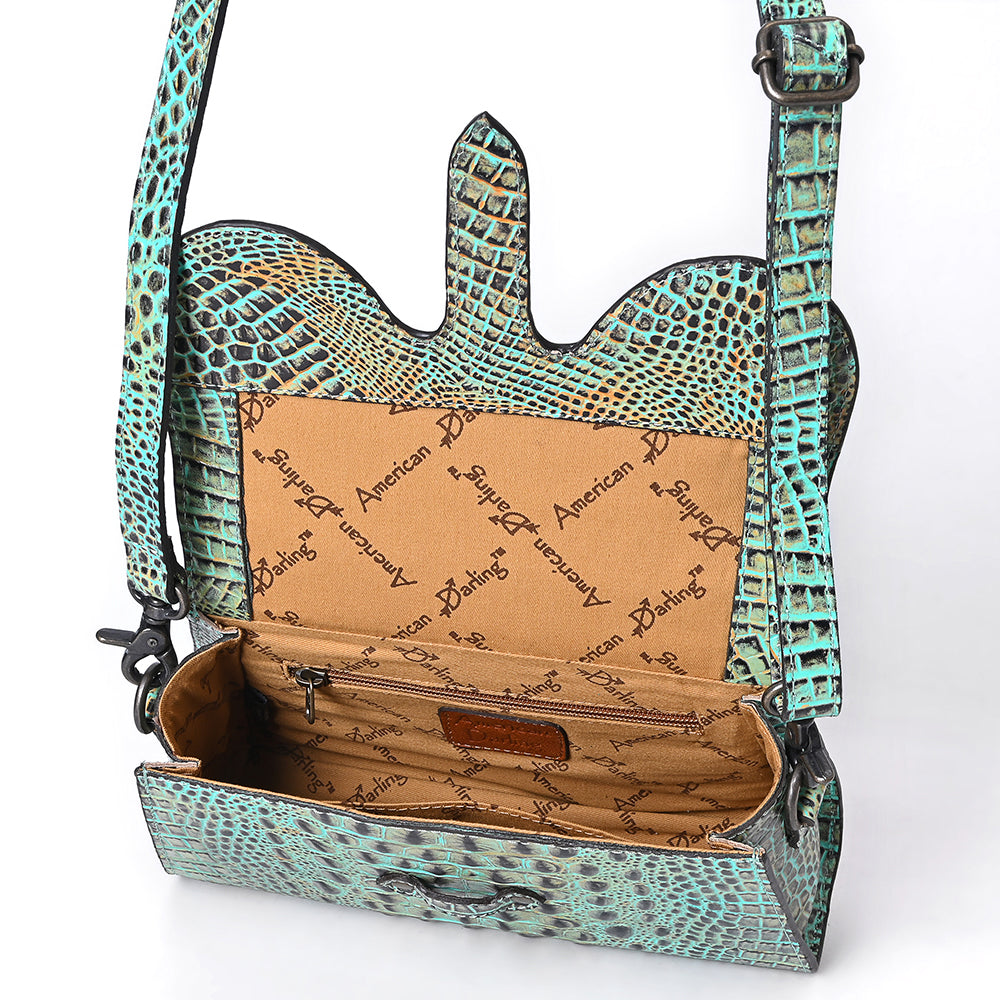 ADBG1635 Turquoise Croc-Embossed Leather Crossbody Bag with Scalloped Flap & Adjustable Strap