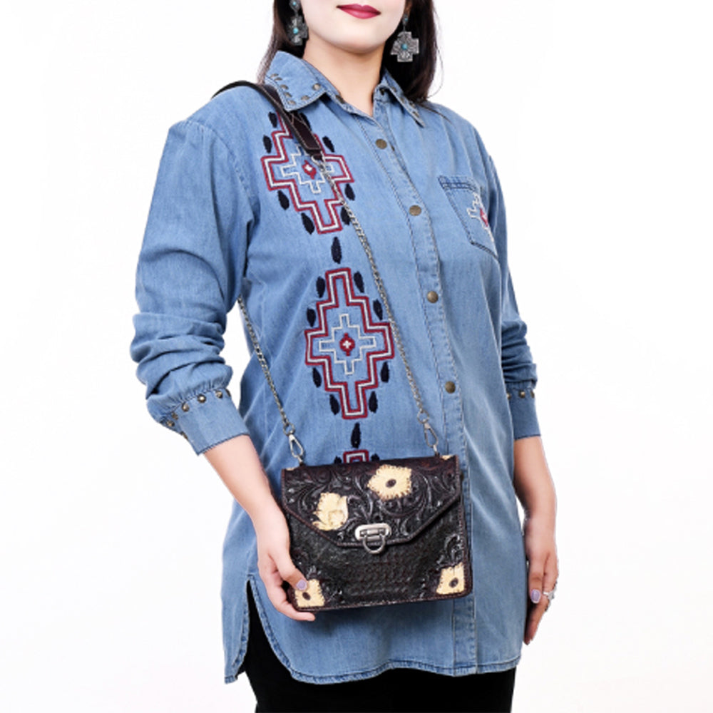 ADBGA679 Hand-Tooled Leather Messenger Bag with Floral Design & Chain Strap